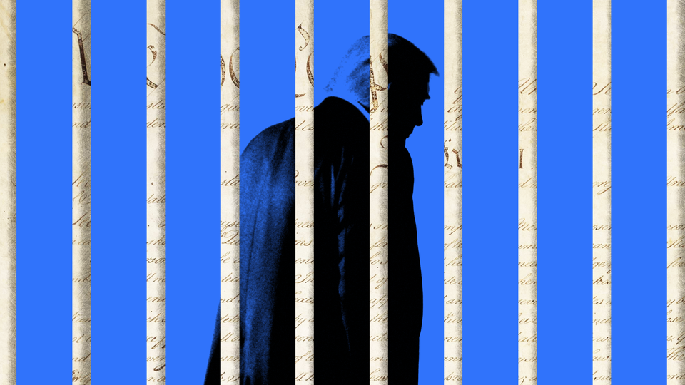 An illustration of Donald Trump behind bars that appear as the U.S. Constitution