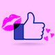 Facebook's "Like" icon surrounded by pink hearts and a pink lipstick mark.