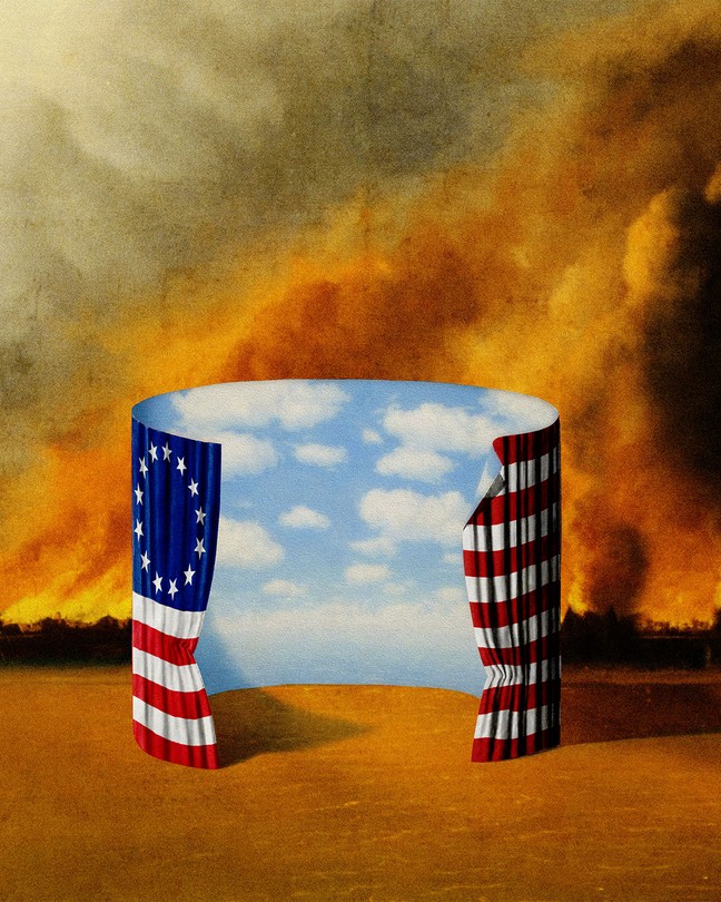 Illustration: A colonial 13-star American flag forms a semicircle around blue sky with an enormous fire as background.