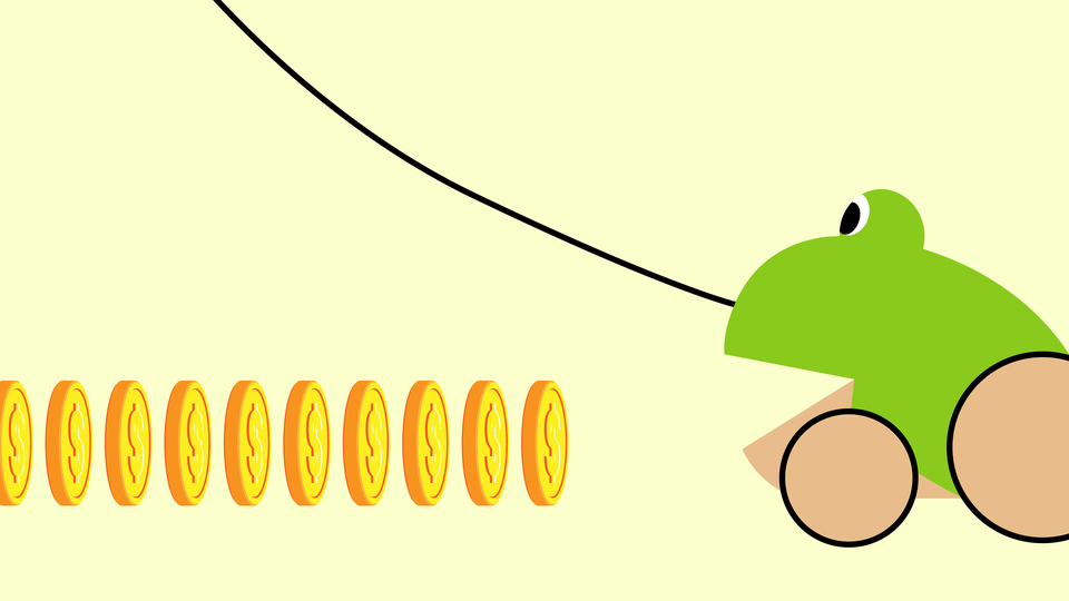 A cartoon drawing of a toy frog on wheels about to eat gold coins