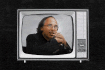 Pixelated image of Art Spiegelman in a television set