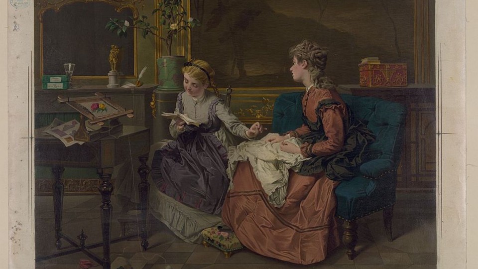 A painting of two women sitting together, one reading from a book