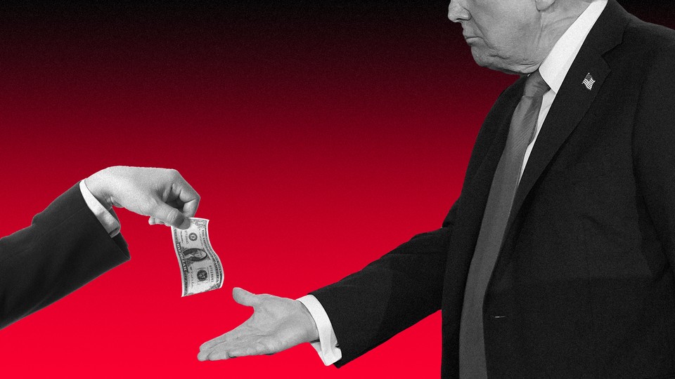 A photo-illustration of a person's arm reaching from out of frame to hand cash to Donald Trump.