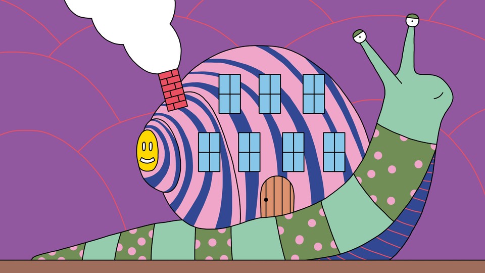 Illustration of a snail whose shell has windows, a door, and a smoking chimney