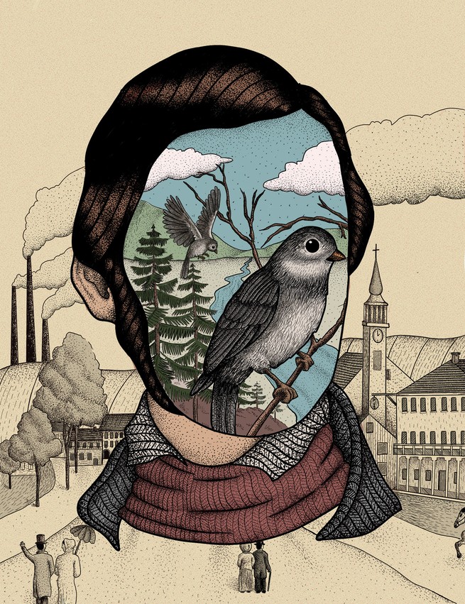 Illustration of Emerson with dark hair and scarf; instead of a face there's a picture of blue sky, clouds, river, and birds; background black and white drawing of New England town with factory, clocktower, buildings