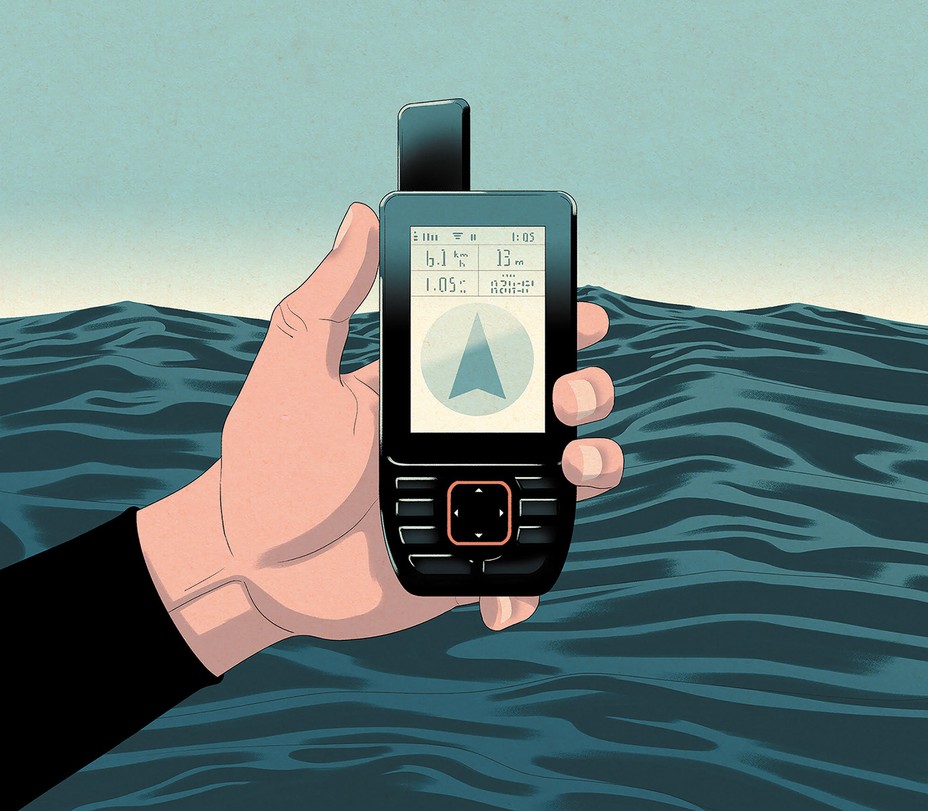 illustration of a hand holding a satellite GPS device with coordinates against a backdrop of ocean waves