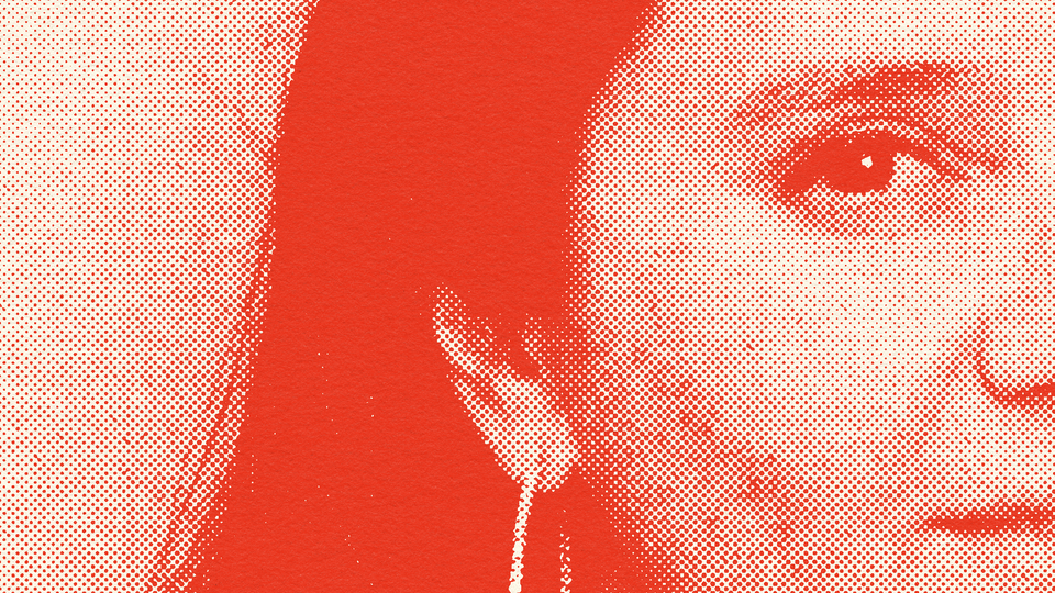 Red tinted photo of Bari Weiss’s face