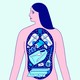 illustration of abstract woman with worried look on her face and cut-away window in her torso showing two coffee cups with straws in place of her lungs, a plastic jug and utensils in place of her stomach, and a spatula, cling wrap, toothpaste tube, and other objects instead of organs
