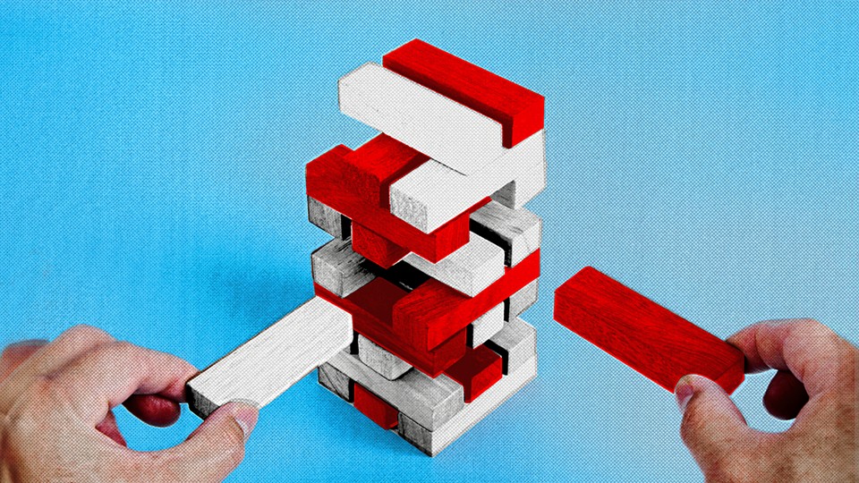 An illustration of a precarious Jenga tower with red and white blocks set against a blue background