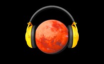 An illustration of the planet Mars wearing a set of big headphones