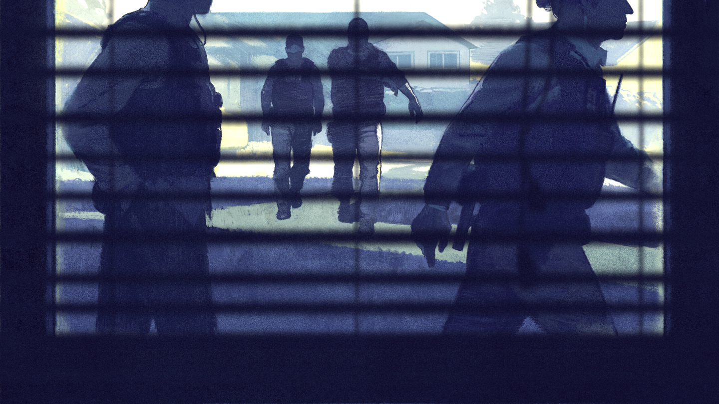 Illustration of police seen through window