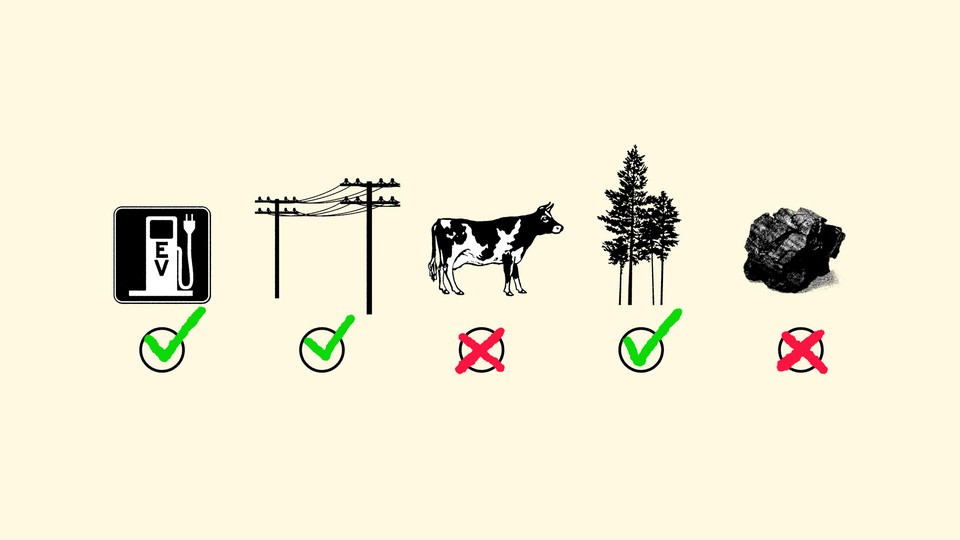 Five icons—an EV charger, power lines, a cow, a stand of trees, and a lump of coal—above SAT-style fill-in bubbles