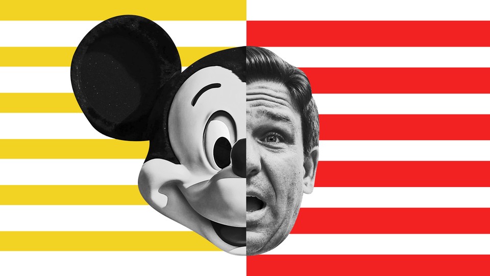 A spliced flag of yellow and red stripes, centering the faces of Mickey Mouse and Governor Ron DeSantis