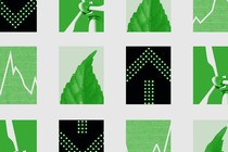 A grid of leaves, investment charts, arrows, and wind turbines