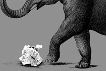 An illustration showing an elephant kicking a crumped up ball of the preamble to the constitution.