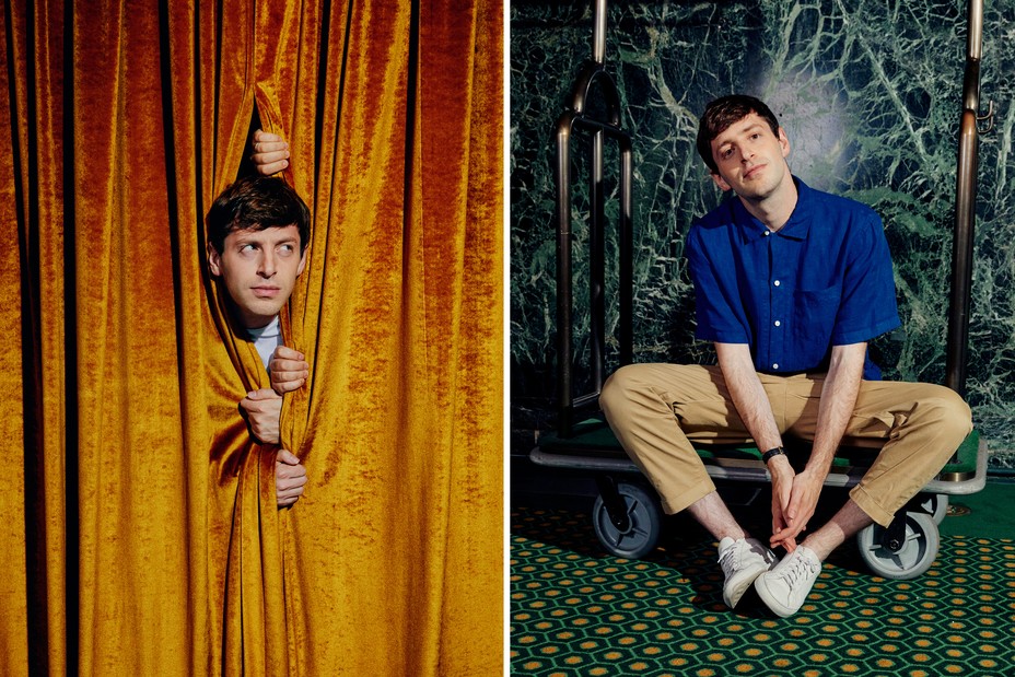 a diptych of Alex Edelman: on the left, appearing out of a stage curtain, and on the right, sitting on a dolly
