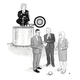 black-and-white political-cartoon-style illustration with 3 suit-wearing politicians in foreground talking around baseball lying on ground; behind them Trump sits wearing a crown atop a carnival dunk tank with a huge target on it waiting for the ball