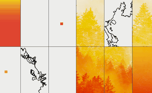 Illustration with grid of black-outlined fire areas and orange-and-yellow photos of treeline and smoke