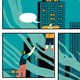 An illustration of comic-book panels depicting a cityscape. Four men climb between the panels to greet one another, with empty word bubbles floating above their heads.
