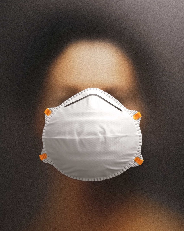 a mask floating in front of a woman's gauzy face