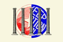 Artwork depicting black and white roman columns overlaid on a circle made up of half of the Texas state flag and half of a blue 'Keep Abortion Legal' sign.