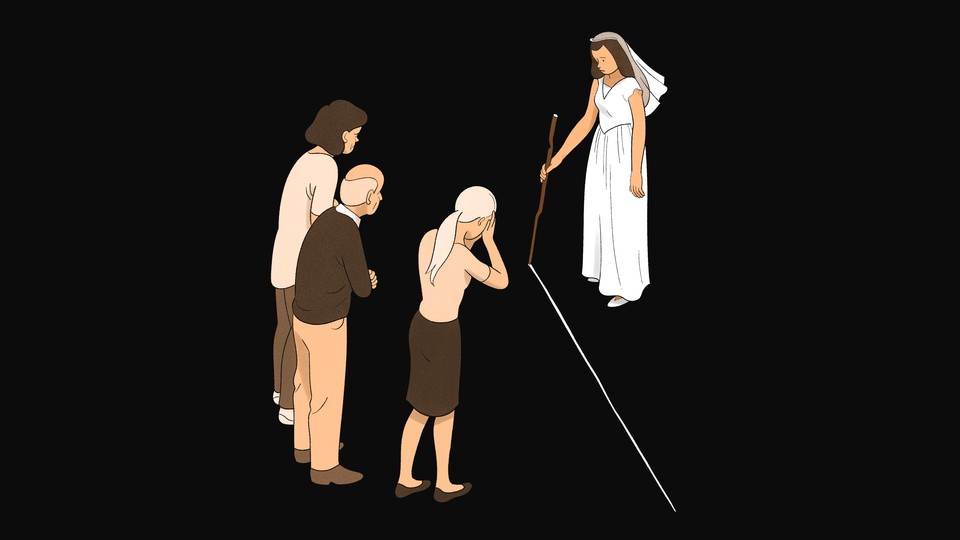 An illustration of a bride drawing a line in the ground between herself and her family