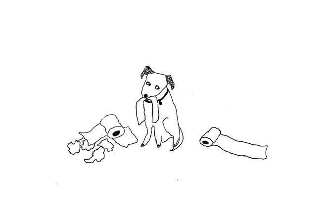 A cartoon illustration of a dog eating toilet paper