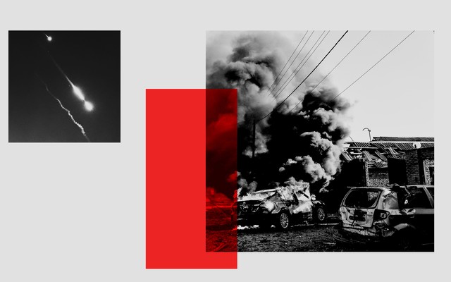 Collage showing images of missiles in the sky and car explosions