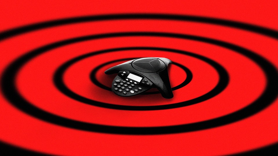 An illustration of concentric circles centered around a conference call microphone.