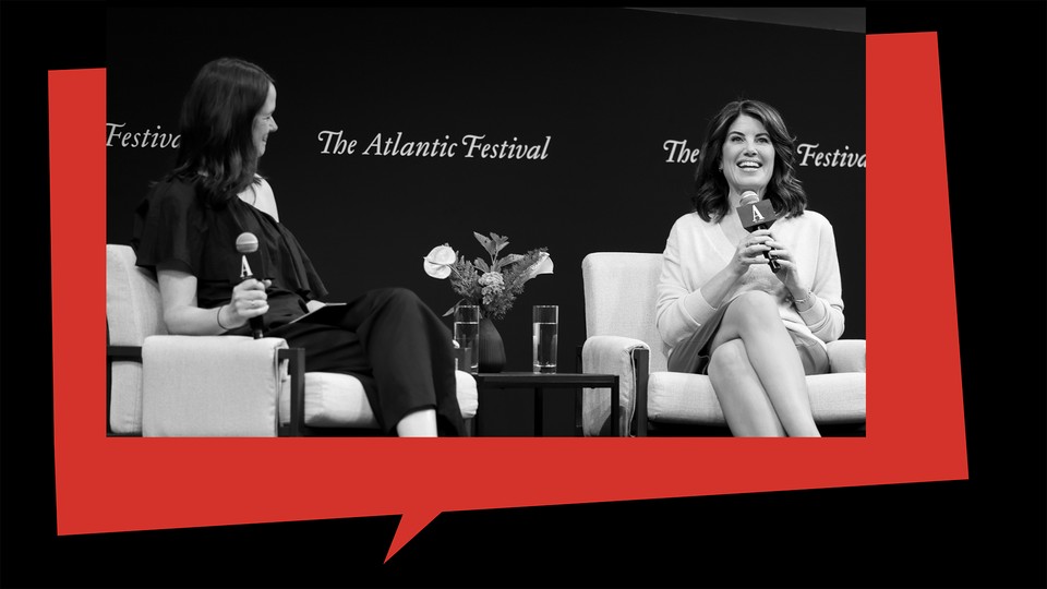 A black and white photograph of an interview between Sophie Gilbert and Monica Lewinsky
