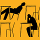 Black abstract sketch of four desks and chairs seen from side, the top left with a relaxed student leaning back in chair and bottom right with a student bent over and working, on a yellow background.