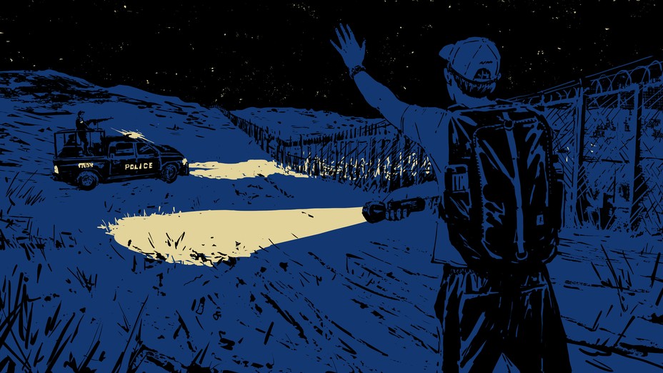 An illustration of a man wearing a backpack pointing a flashlight at border patrol.