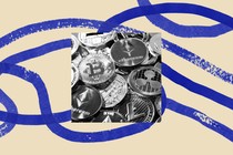 A photo of coins with Bitcoin and Ethereum logos, bordered by an illustration