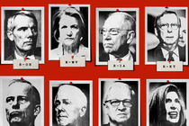 photo-illustration of black-and-white photos of 10 Republican senators pinned to red board including pinned labels indicating each senator's state