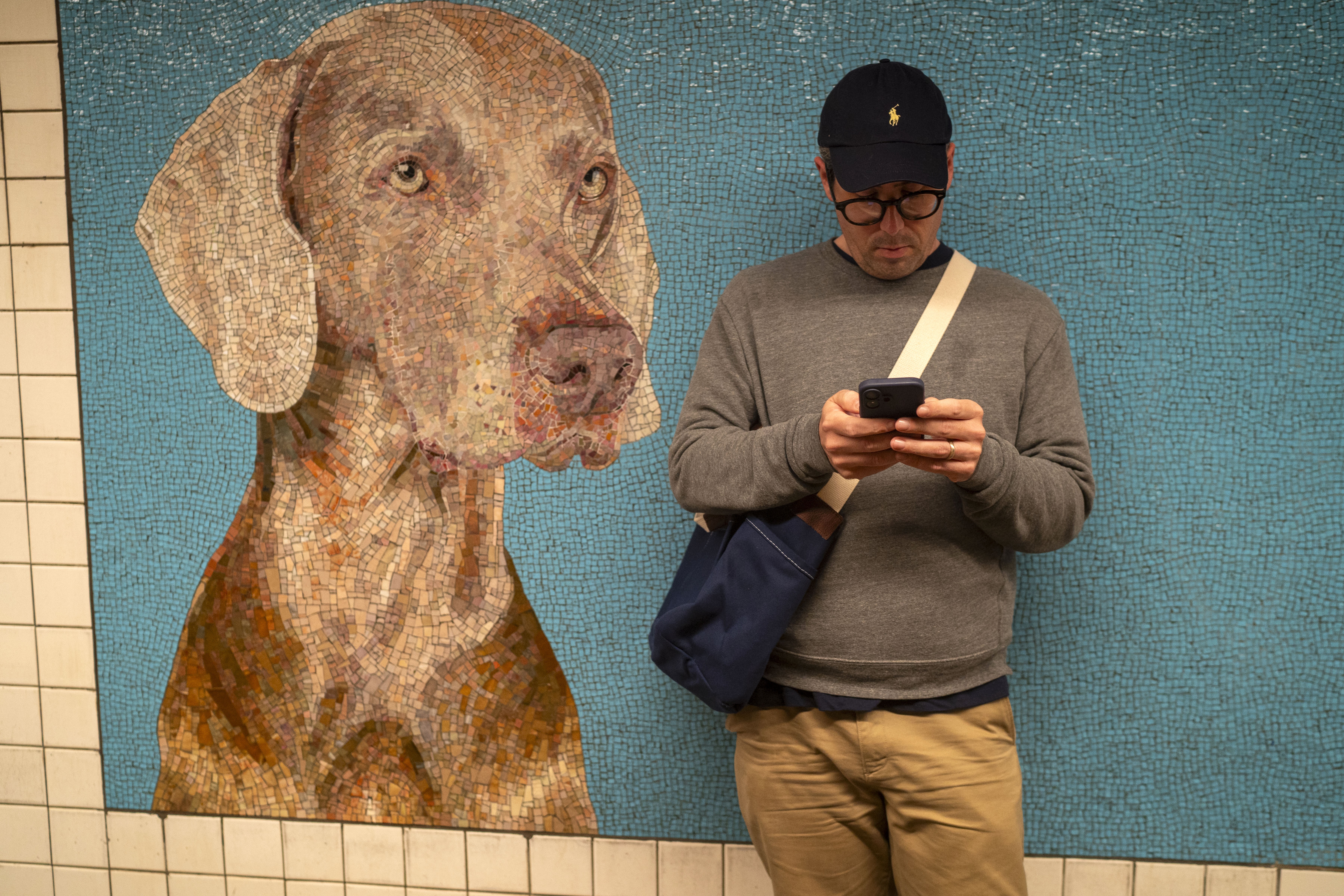 A subway passenger reads messages on his phone in front of a mural of a dog.