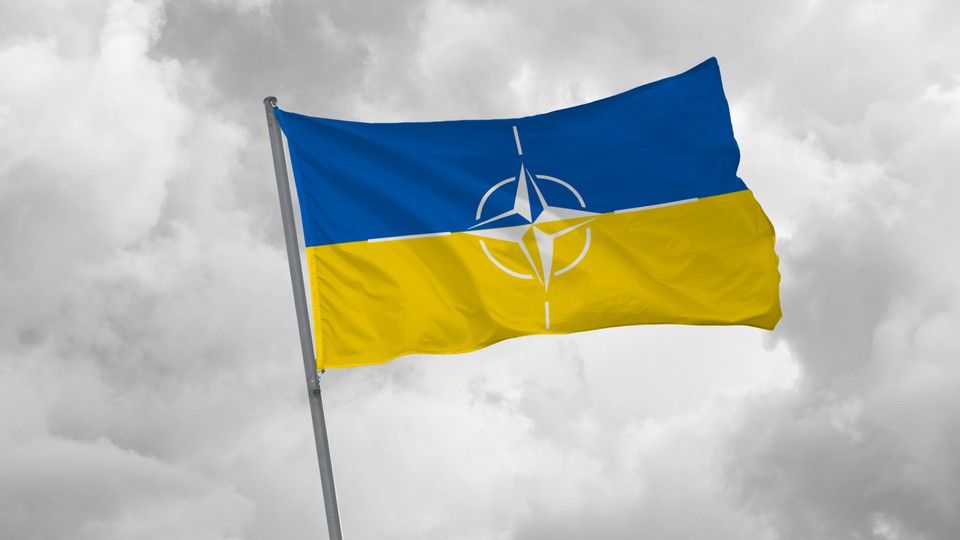 The Ukrainian flag with the NATO insignia impressed on it