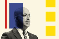 A photograph of Jonathan Greenblatt with some collage squares and rectangles around him for decoration