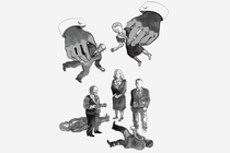 Black-and-white illustration of two hands playing with seven action-figure-size dolls in formal office attire, holding two and the rest standing or lying on the ground.