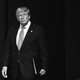 On the left, a black-and-white image of Donald Trump with a beige border; on the right, a black-and-white image of two warships at sea