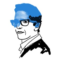 An illustration of Alison Bechdel slightly filled in with blue