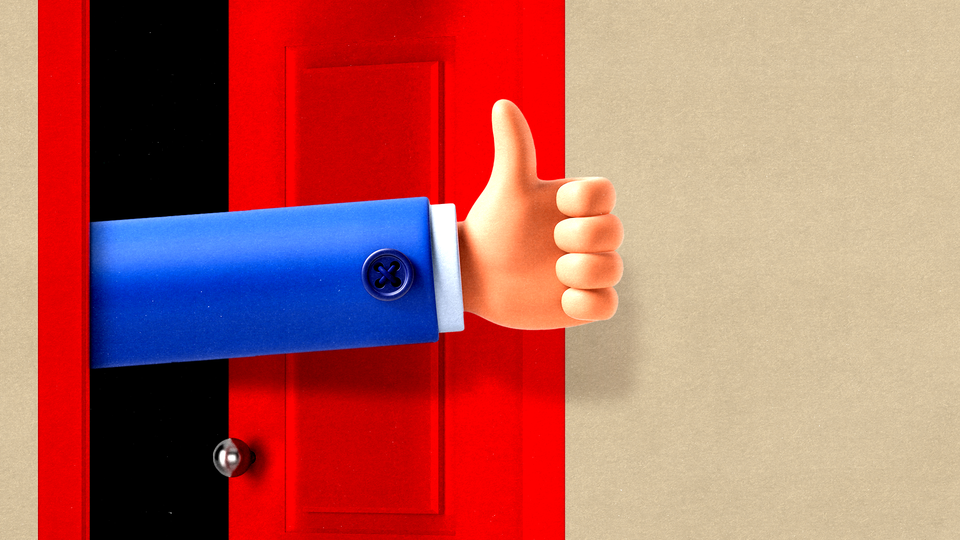 A hand making a thumbs-up through an open door