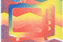 A TV radiating blue, yellow, and red