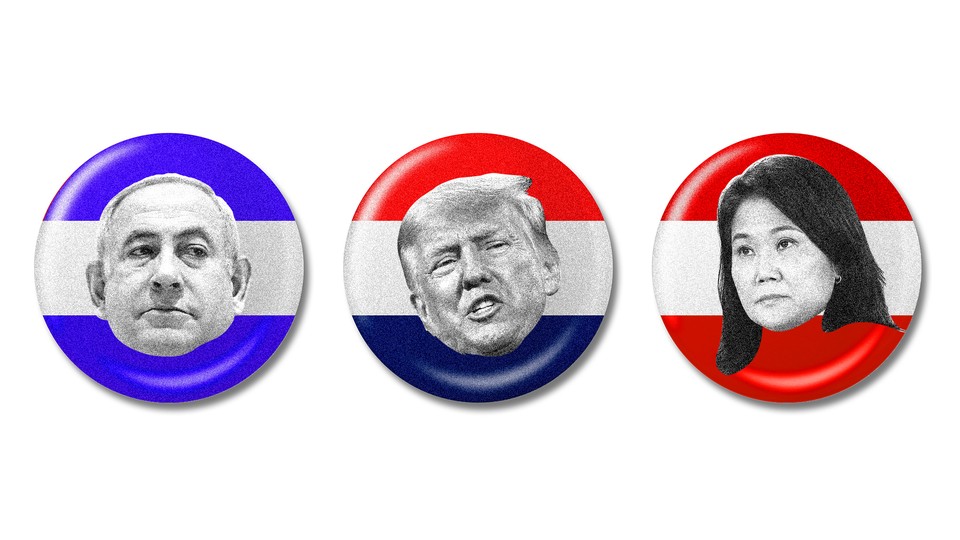 Illustration of Benjamin Netanyahu, Donald Trump, and Keiko Fujimori