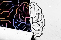 A graphic illustration of an AI brain with one side splitting off into many branches.