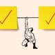 A powerlifter lifting a barbell whose weights are yellow Post-it notes that feature large red check marks