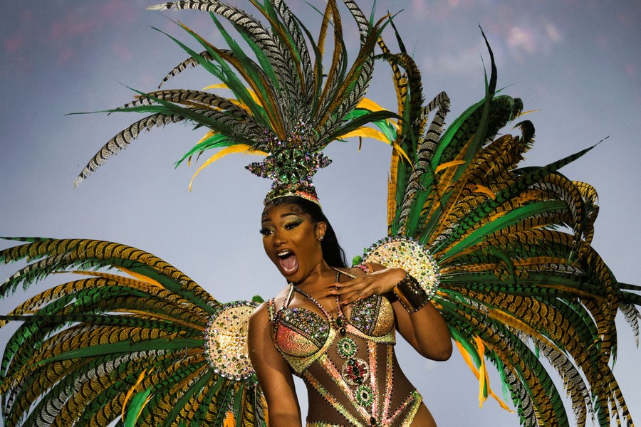 Megan Thee Stallion performs onstage wearing a large feathery costume.