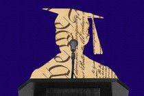 A silhouette of a graduation speaker on a field of blue, with old script from the U.S. Constitution inside.