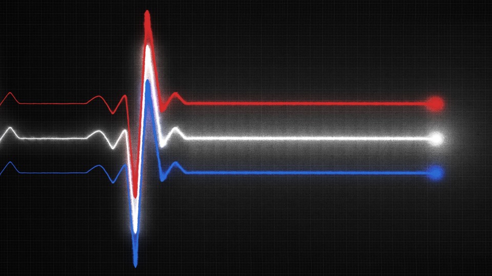 An illustration of a heart EKG reading in red, white, and blue.