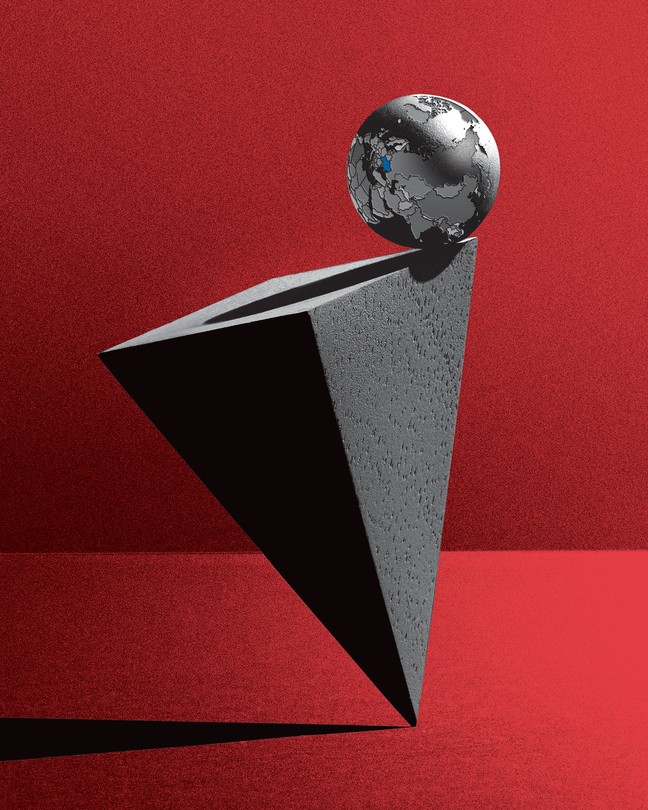 black and white globe with Ukraine colored blue balances on edge of tilting upside-down-pyramid-shaped base, on red background