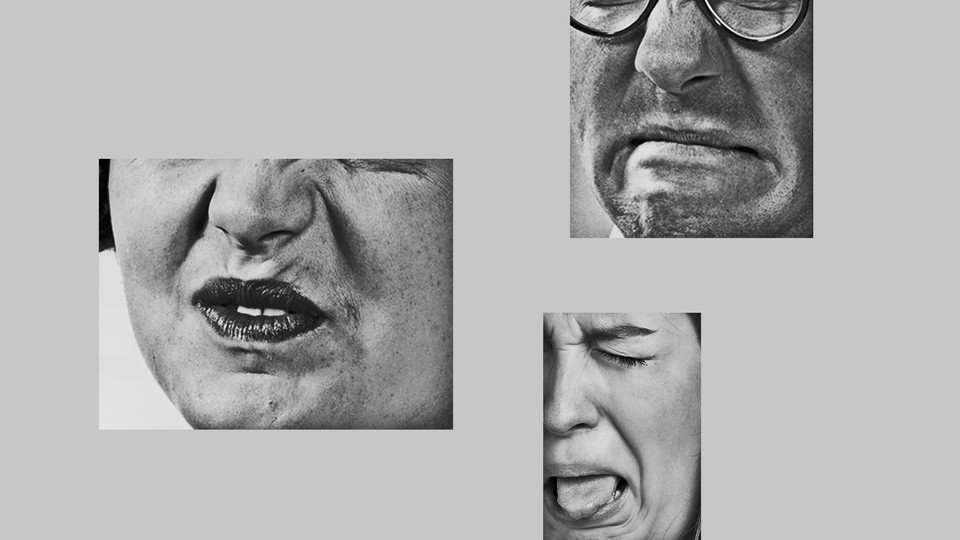 Collage of black-and-white close-ups of people making disgusted faces